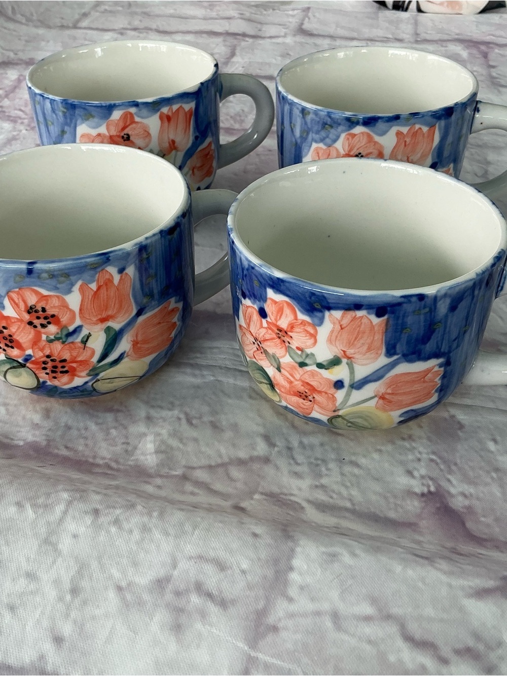 Gibson Blue and Coral Floral Ceramic Mug Set (4)